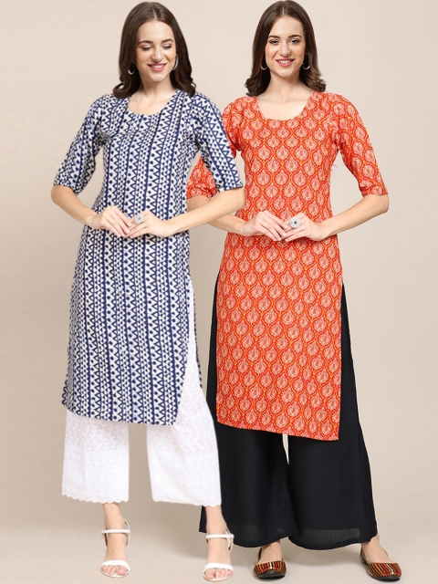 

1 Stop Fashion Women Pack Of 2 Blue & Orange Ethnic Motifs Printed Crepe Kurta