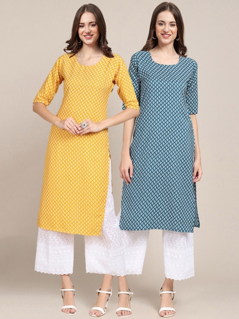

1 Stop Fashion Women Pack Of 2 Yellow & Blue Geometric Printed Crepe Kurta