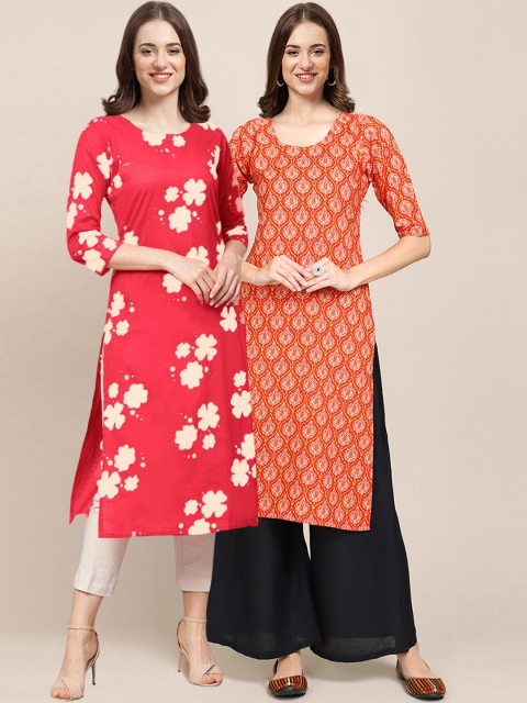 

1 Stop Fashion Women Pack of 2 Red & Orange Printed Straight Crepe Kurta