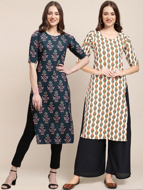 

1 Stop Fashion Women Pack of 2 Teal & Beige Printed Straight Crepe Kurta
