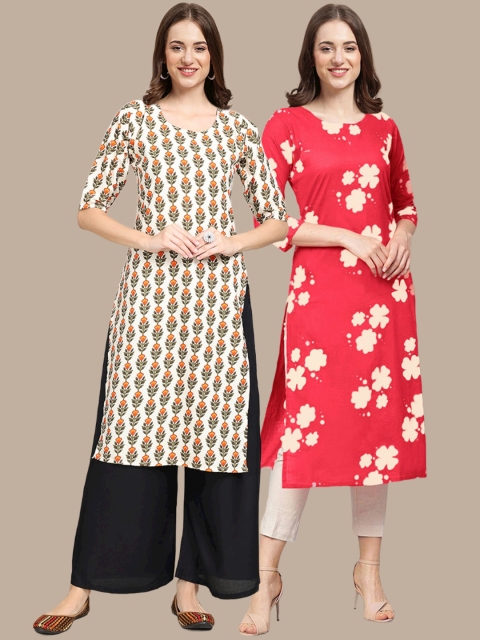 

1 Stop Fashion Women Pack of 2 Beige & Coral Printed Straight Crepe Kurta