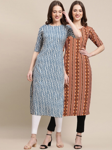 

1 Stop Fashion Women Pack Of 2 Blue & Yellow Printed Straight Crepe Kurta