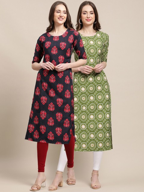 

1 Stop Fashion Women Pack of 2 Green & Black Printed Straight Crepe Kurta