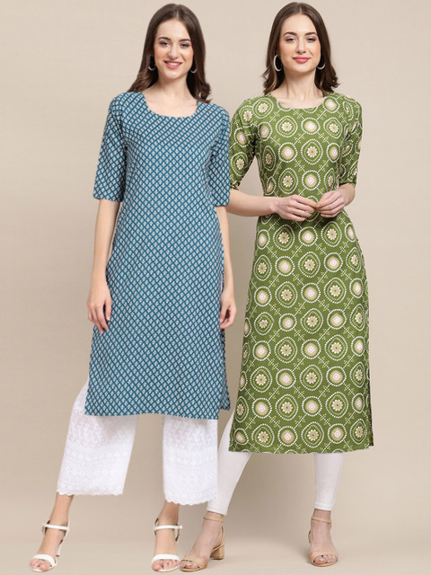 

1 Stop Fashion Women Pack of 2 Blue & Green Printed Straight Crepe Kurta