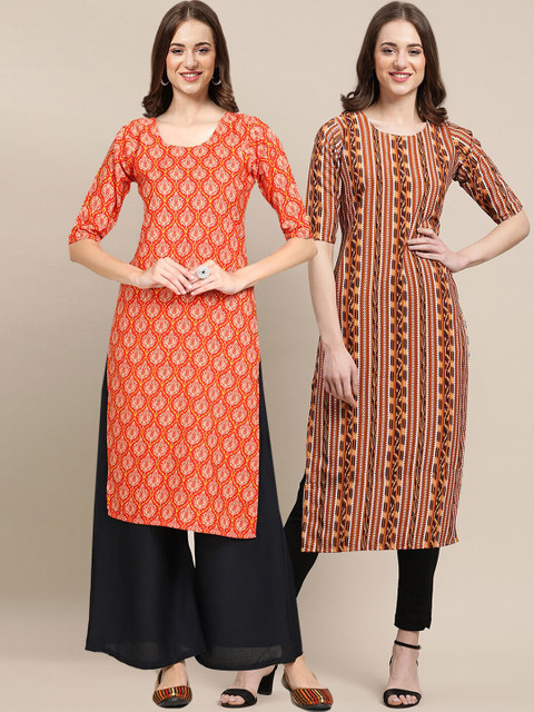 

1 Stop Fashion Women Pack Of 2 Orange & Brown Printed Crepe Straight Kurta