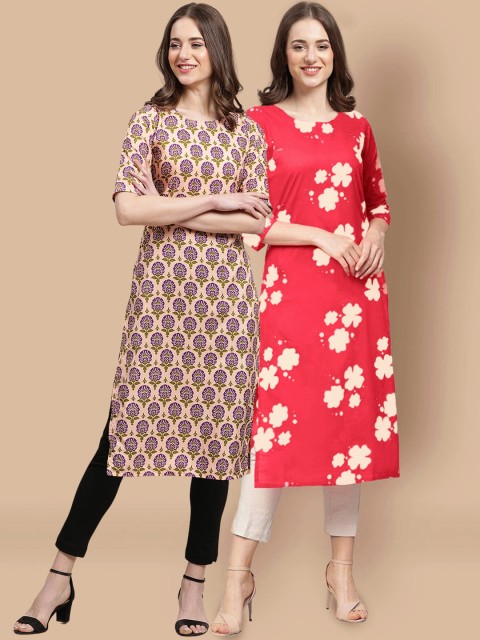 

1 Stop Fashion Women Pack Of 2 Peach & Coral Printed Crepe Straight Kurta