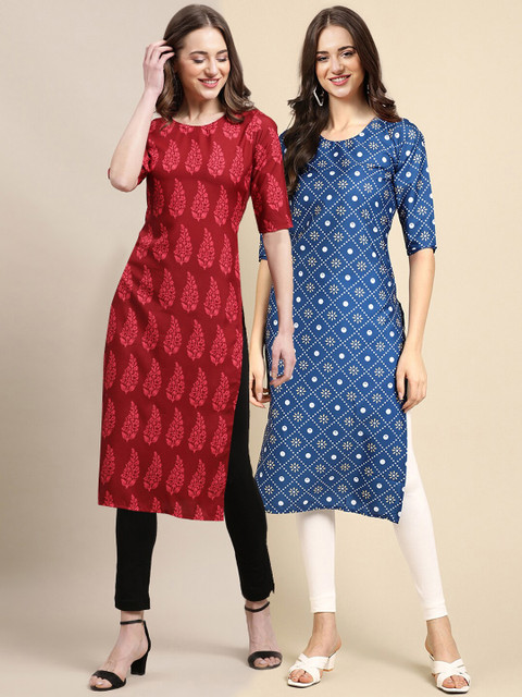 

1 Stop Fashion Women Pack Of 2 Maroon & Blue Printed Crepe Straight Kurta