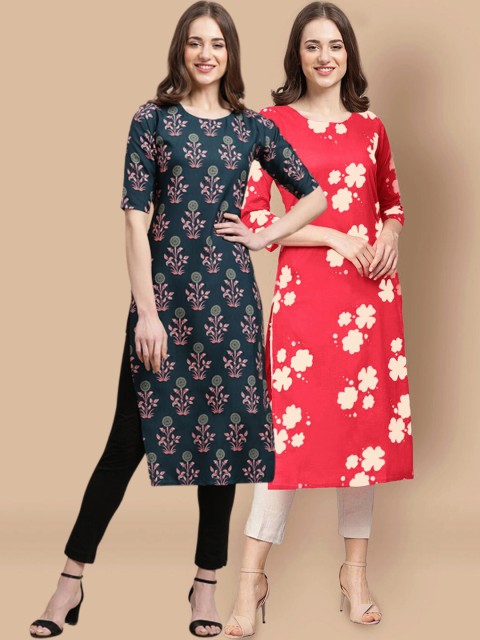 

1 Stop Fashion Women Pack Of 2 Teal & Coral Printed Crepe Straight Kurta