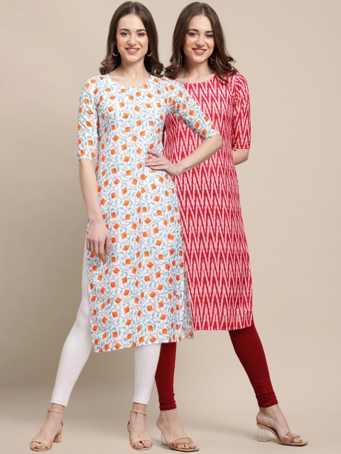 

1 Stop Fashion Women Pack Of 2 Off White & Pink Printed Crepe Straight Kurta