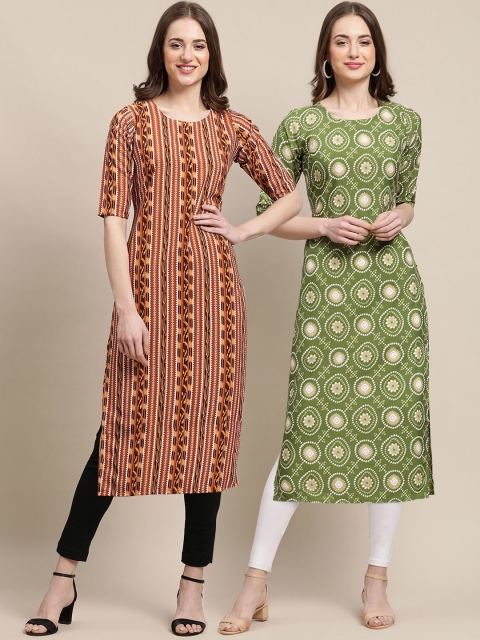 

1 Stop Fashion Women Pack Of 2 Brown & Green Printed Crepe Straight Kurta