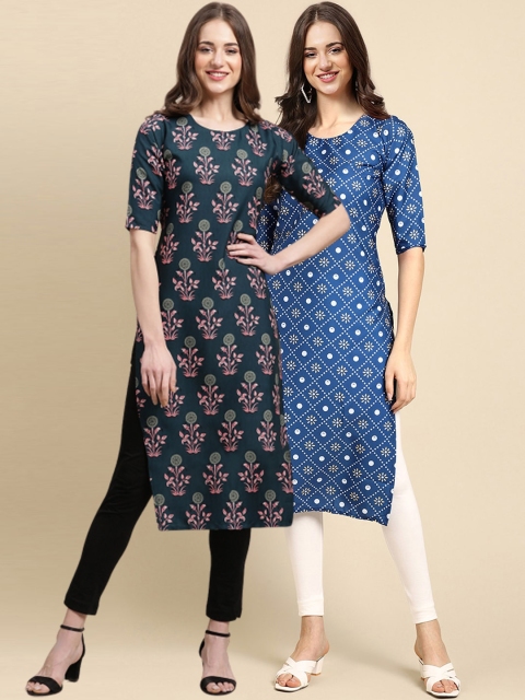 

1 Stop Fashion Women Pack Of 2 Teal & Blue Printed Crepe Straight Kurta