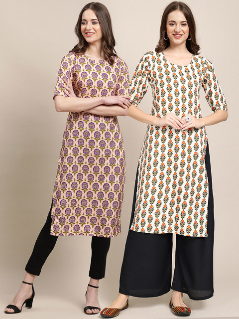

1 Stop Fashion Women Pack Of 2 Peach & Off White Printed Crepe Straight Kurta