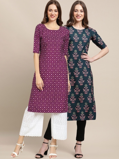 

1 Stop Fashion Women Pack Of 2 Magenta & Teal Printed Crepe Straight Kurta