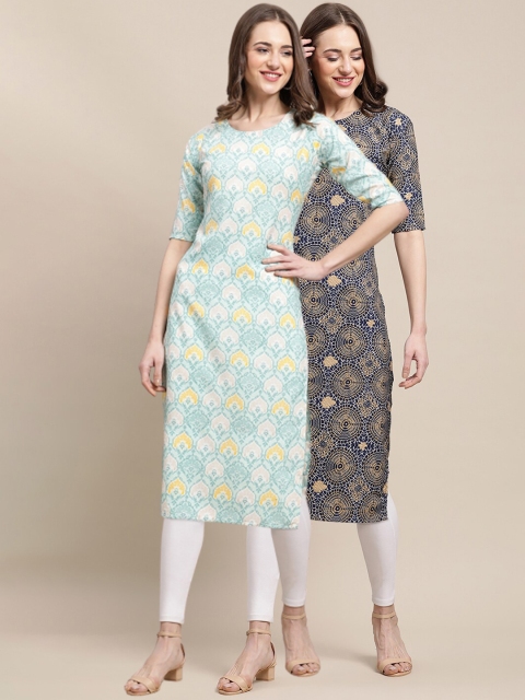 

1 Stop Fashion Women Pack Of 2 Sea Green & Blue Printed Crepe Straight Kurta