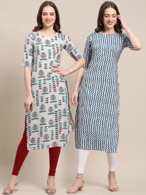 

1 Stop Fashion Women Pack Of 2 Grey & Blue Printed Crepe Straight Kurta
