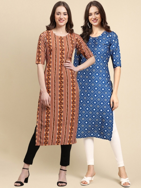 

1 Stop Fashion Women Pack Of 2 Brown & Blue Floral Printed Block Print Crepe Kurta