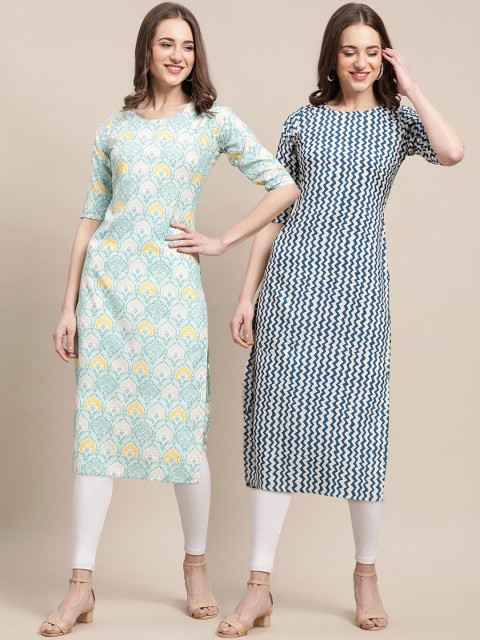 

1 Stop Fashion Women Pack of 2 Blue & White Ethnic Motifs Printed Block Print Crepe Kurta