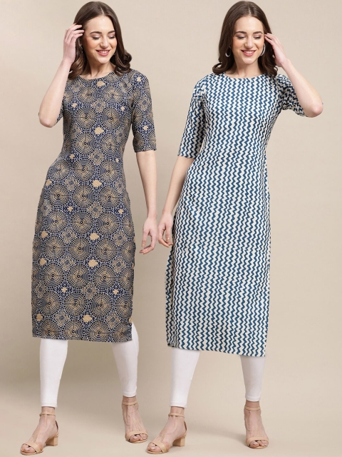 1 Stop Fashion Women Pack Of 2 Navy Blue & Blue Chevron Printed Block Print Crepe Kurta