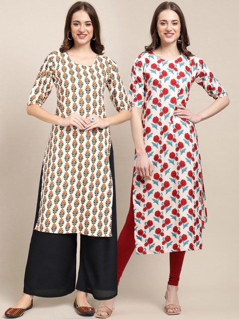 

1 Stop Fashion Women Pack Of 2 Off White & Red Floral Printed Block Print Crepe Kurta
