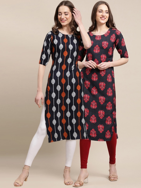 

1 Stop Fashion Women Pack Of 2 Black & Navy Blue Ethnic Motifs Printed Crepe Kurta