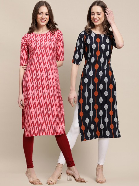 

1 Stop Fashion Women Pack Of 2 Pink & Black Chevron Printed Block Print Crepe Kurta