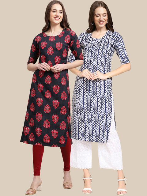 

1 Stop Fashion Women Pack Of 2 Navy Blue & White Ethnic Motifs Printed Crepe Kurta