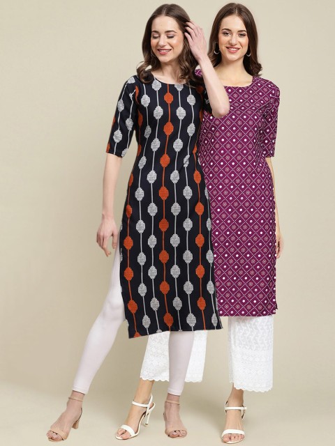 

1 Stop Fashion Women Pack Of 2 Black & Violet Floral Printed Block Print Crepe Kurta
