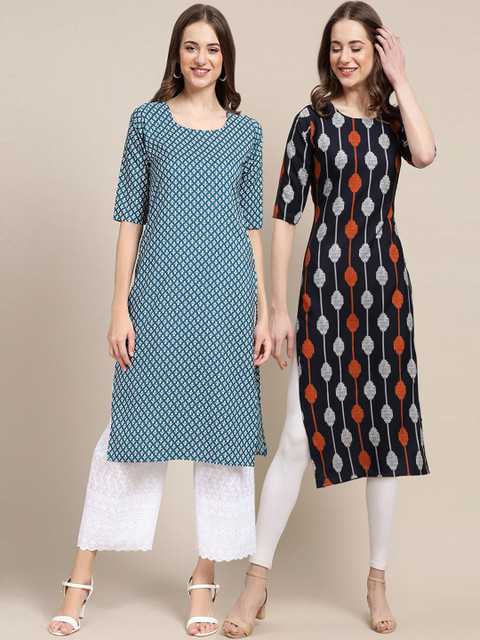 

1 Stop Fashion Women Pack Of 2 Teal Blue & Black Floral Printed Block Print Crepe Kurta