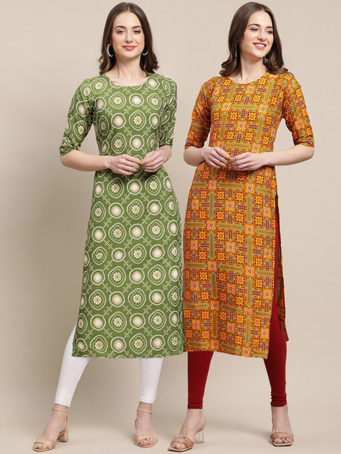

1 Stop Fashion Women Pack Of 2 Green & Maroon Ethnic Motifs Printed Crepe Kurta