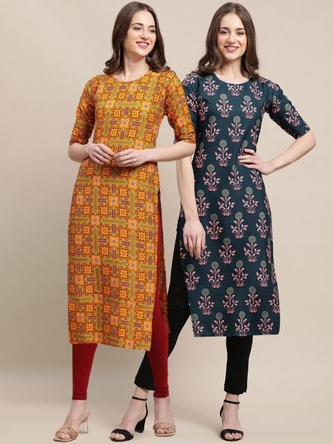 

1 Stop Fashion Women Pack Of 2 Yellow & Navy Blue Ethnic Motifs Printed Crepe Kurta