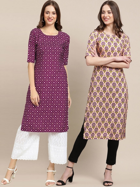 

1 Stop Fashion Women Purple & Beige Floral Printed Crepe Kurta