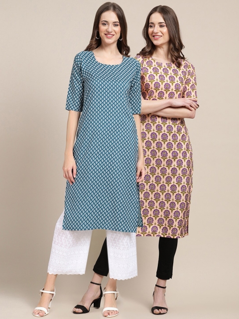 

1 Stop Fashion Women Blue & Beige Pack Of 2 Floral Printed Crepe Kurta