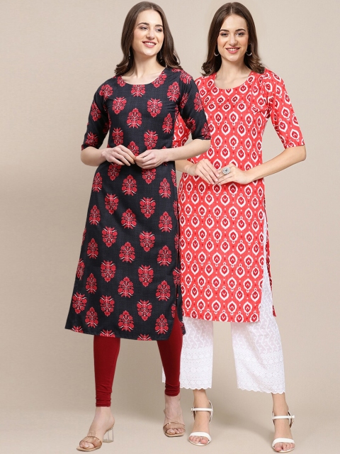 

1 Stop Fashion Women Red & Black Pack Of 2 Floral Printed Crepe Kurta