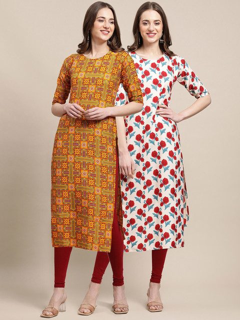 

1 Stop Fashion Women Mustard Yellow & White Pack Of 2 Floral Printed Crepe Kurta