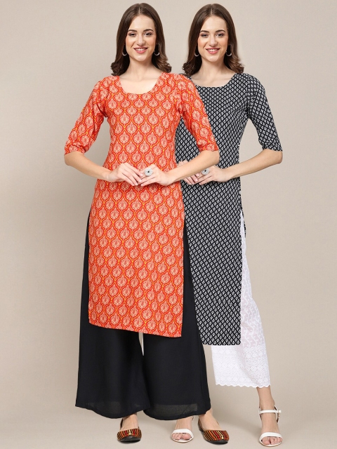 

1 Stop Fashion Women Black & Orange Pack Of 2 Floral Printed Crepe Kurta