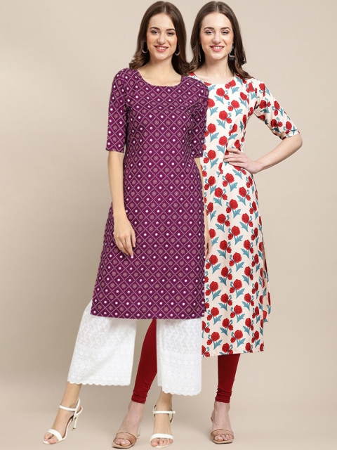 

1 Stop Fashion Women Purple & White Pack Of 2 Floral Printed Crepe Kurta