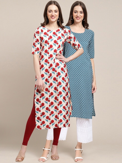 

1 Stop Fashion Women Off White & Blue Pack Of 2 Floral Printed Crepe Kurta