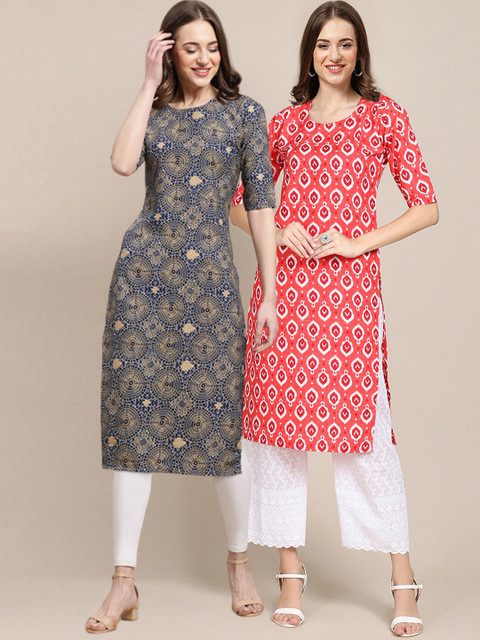 

1 Stop Fashion Women Navy Blue & Coral Pack Of 2 Floral Printed Crepe Kurta