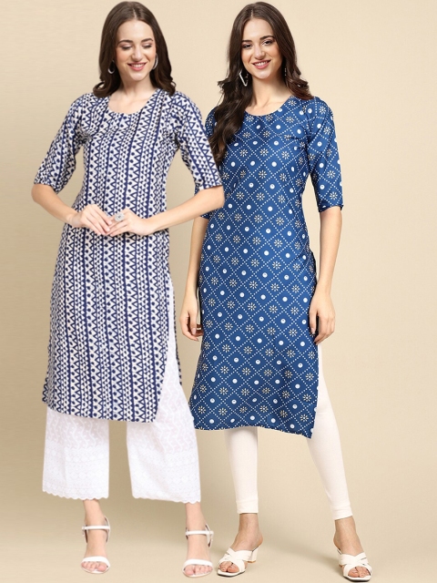 

1 Stop Fashion Women Pack of 2 Blue Geometric Printed Block Print Crepe Kurta
