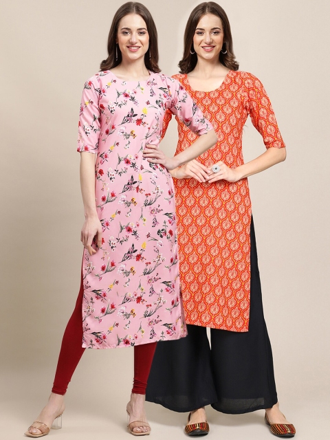 

1 Stop Fashion Women Pack of 2 Pink & Red Floral Printed Crepe Kurta