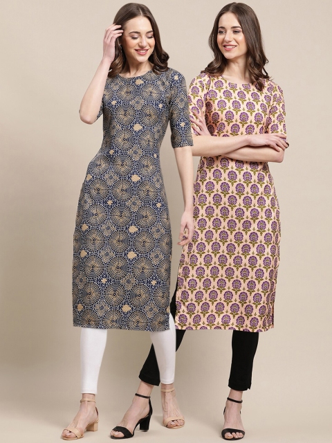 

1 Stop Fashion Women Pack of 2 Green & Pink Floral Printed Crepe Kurta