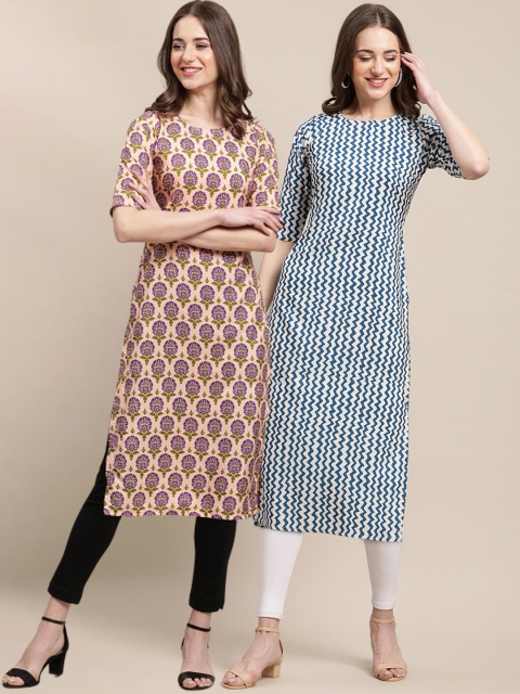

1 Stop Fashion Women Pack of 2 Green & Pink Floral Printed Floral Crepe Kurta