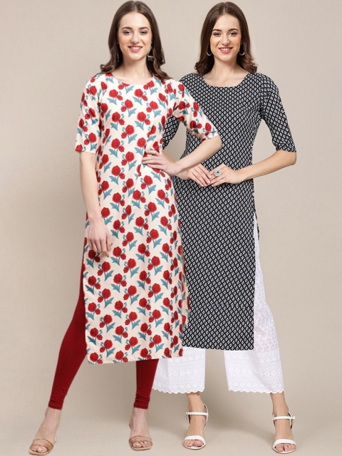 

1 Stop Fashion Women Pack of 2 Red & Black Floral Printed Floral Crepe Kurta