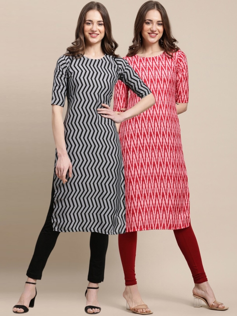 

1 Stop Fashion Women Pack of 2 Black & Red Geometric Striped Crepe Kurta
