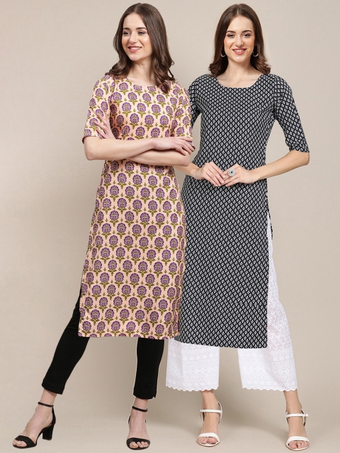 

1 Stop Fashion Women Pack of 2 Pink & Black Floral Printed Floral Crepe Kurta