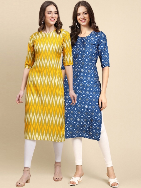 

1 Stop Fashion Women Pack of 2 Yellow & Blue Geometric Crepe Kurta