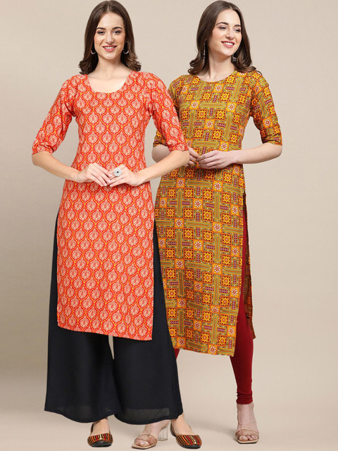 

1 Stop Fashion Women Pack of 2 Orange & Mustard Yellow Ethnic Motifs Printed Crepe Kurta