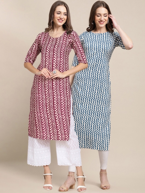 

1 Stop Fashion Women Pack of 2 Maroon & Blue Geometric Printed Crepe Kurta