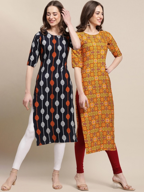 

1 Stop Fashion Women Pack of 2 Black & Mustard Yellow Ethnic Motifs Printed Crepe Kurta