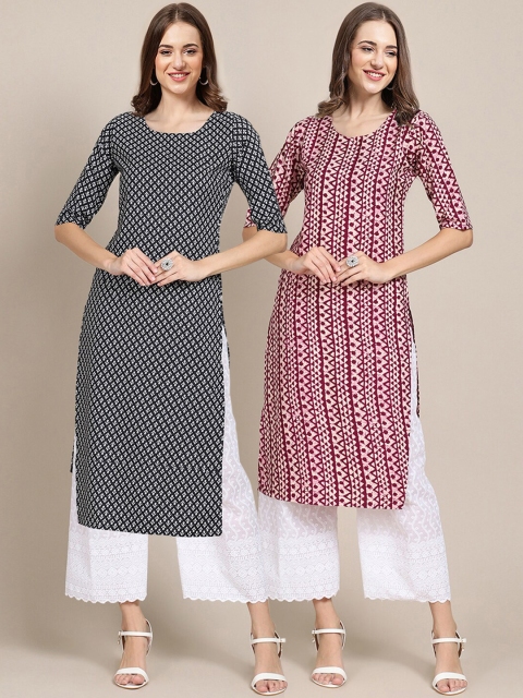 

1 Stop Fashion Women Pack of 2 Black & Maroon Geometric Printed Crepe Kurta